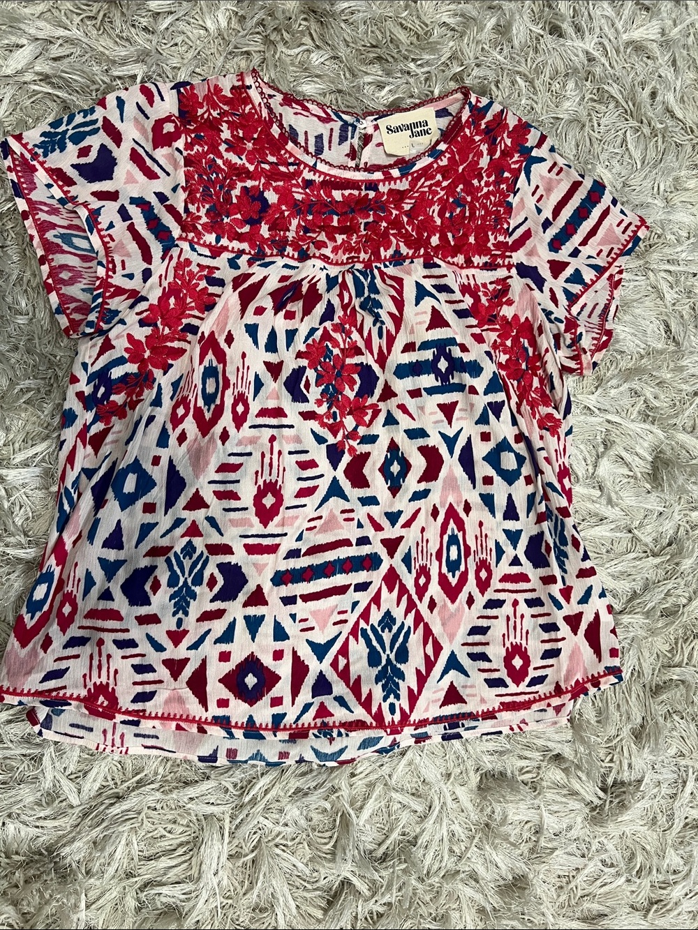 Savanna Jane Pink, Red & Blue Geometric Embroidered Short-Sleeve Tunic
